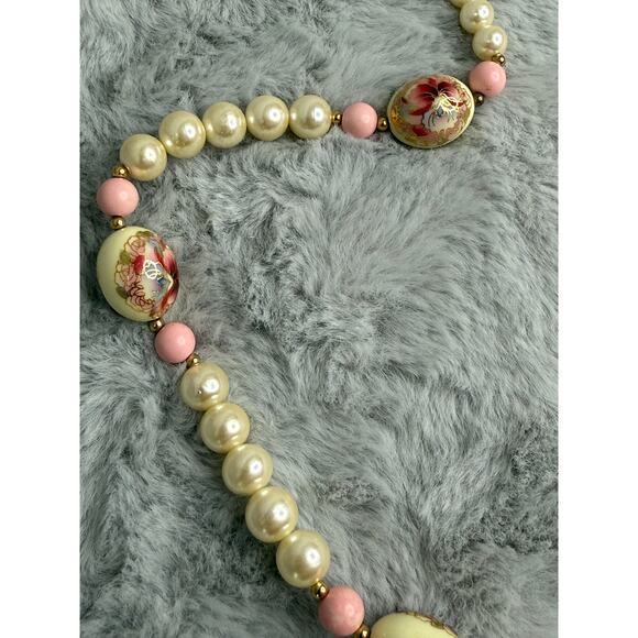 Vintage Japan Porcelain Floral Bead Faux Pearl Necklace 27" Hand Painted - Picture 4 of 7